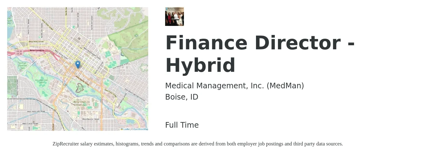 Medical Management, Inc. (MedMan) job posting for a Finance Director - Hybrid in Boise, ID with a salary of $93,000 to $141,600 Yearly with a map of Boise location.