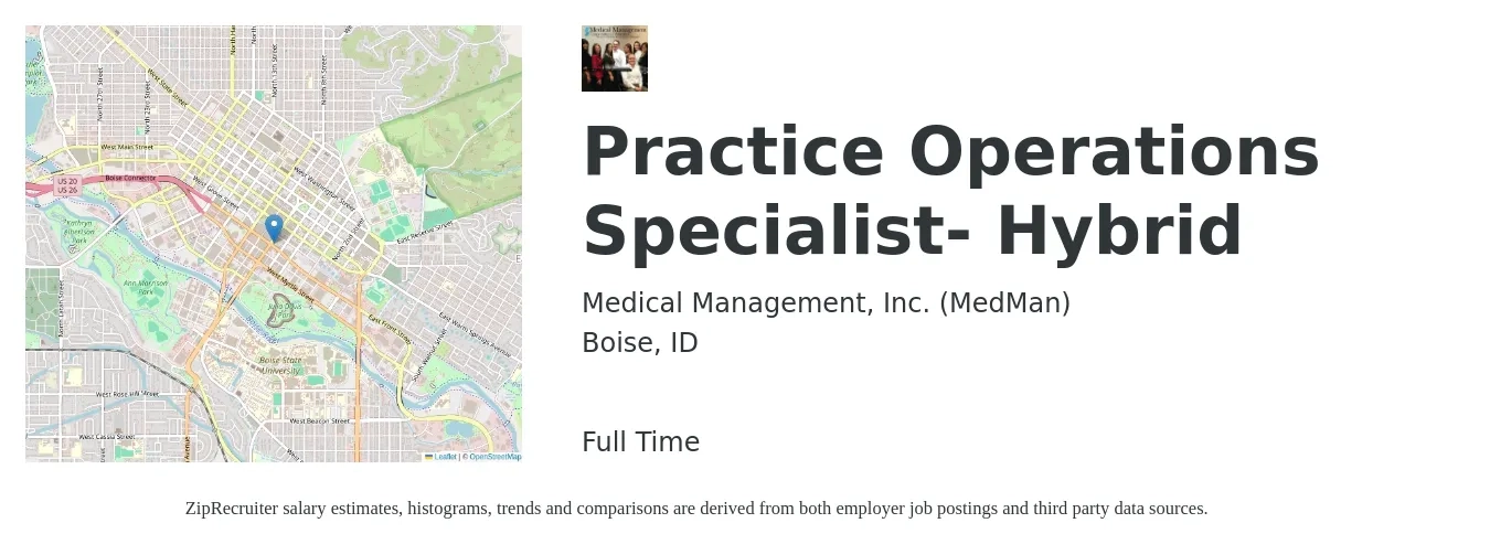 Medical Management, Inc. (MedMan) job posting for a Practice Operations Specialist- Hybrid in Boise, ID with a salary of $44,400 to $75,400 Yearly with a map of Boise location.