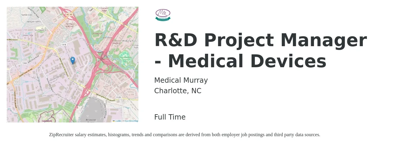 Medical Murray job posting for a R&D Project Manager - Medical Devices in Charlotte, NC with a salary of $73,900 to $115,700 Yearly with a map of Charlotte location.