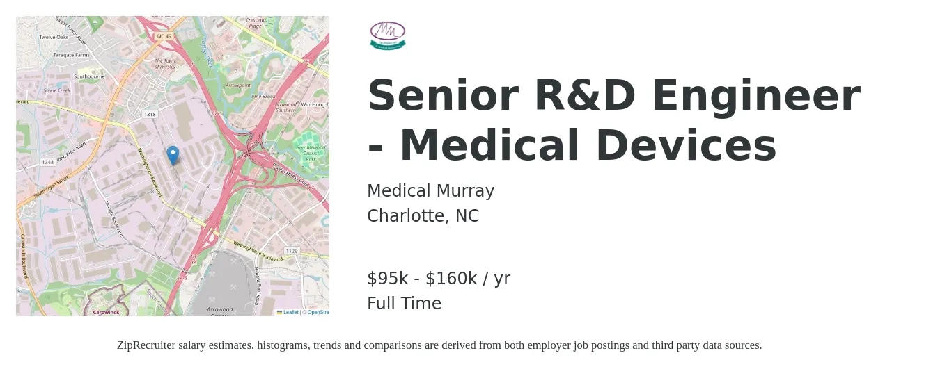 Medical Murray job posting for a Senior R&D Engineer - Medical Devices in Charlotte, NC with a salary of $95,000 to $160,000 Yearly with a map of Charlotte location.