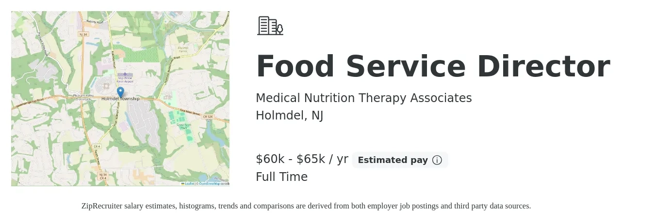 Medical Nutrition Therapy Associates job posting for a Food Service Director in Holmdel, NJ with a salary of $60,000 to $65,000 Yearly with a map of Holmdel location.