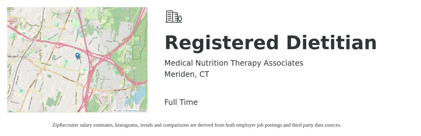 Medical Nutrition Therapy Associates job posting for a Registered Dietitian in Meriden, CT with a salary of $32 to $38 Hourly with a map of Meriden location.