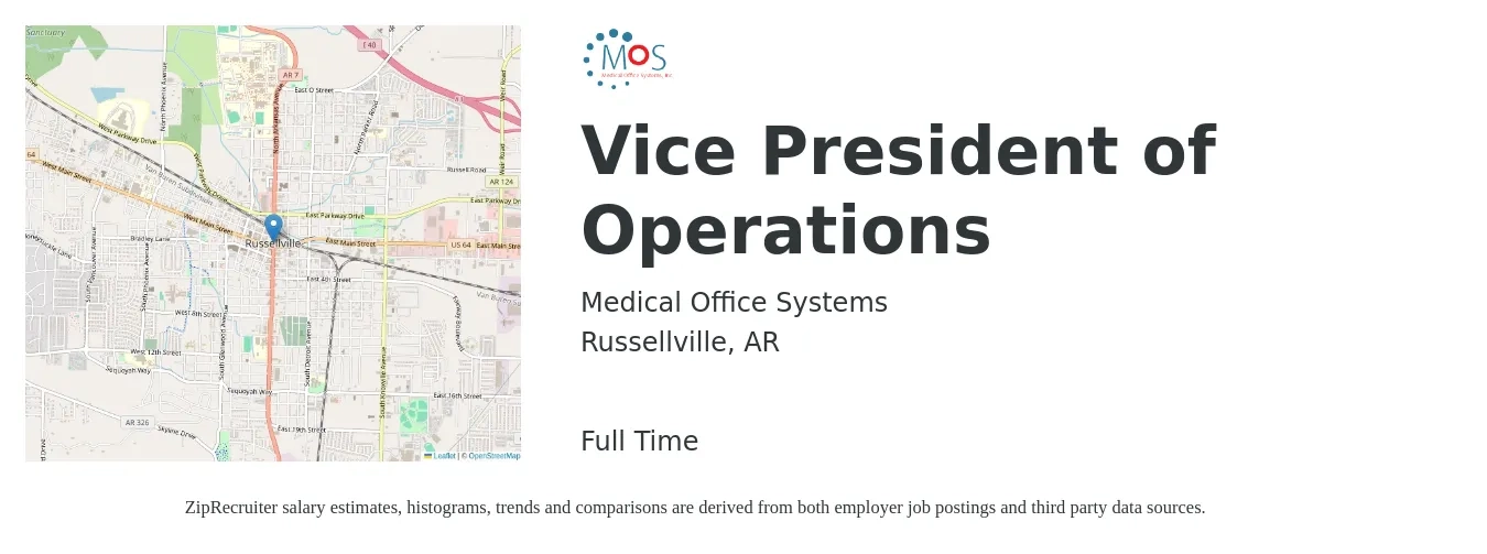 Medical Office Systems job posting for a Vice President of Operations in Russellville, AR with a salary of $100,200 to $160,500 Yearly with a map of Russellville location.