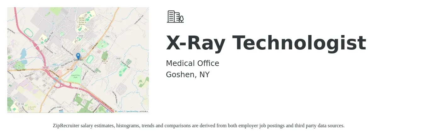 Medical Office job posting for a X-Ray Technologist in Goshen, NY with a salary of $1,300 to $2,270 Weekly with a map of Goshen location.