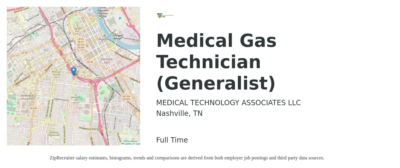 MEDICAL TECHNOLOGY ASSOCIATES LLC job posting for a Medical Gas Technician (Generalist) in Nashville, TN with a salary of $37,200 to $46,800 Yearly with a map of Nashville location.