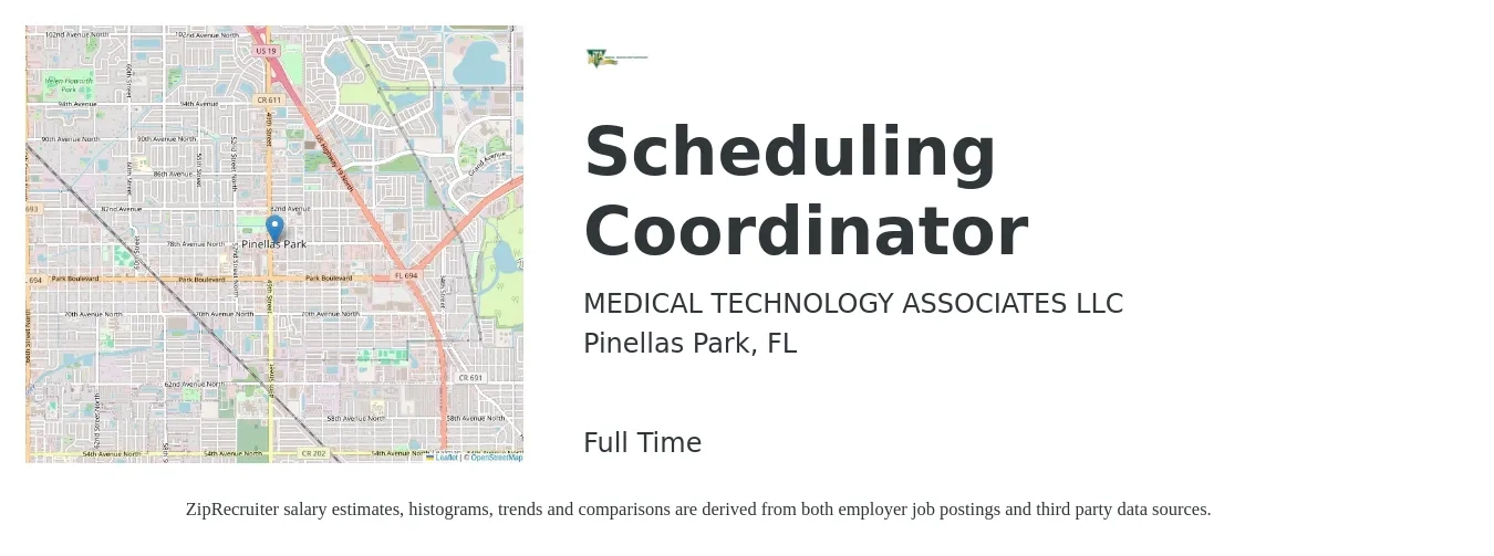 MEDICAL TECHNOLOGY ASSOCIATES LLC job posting for a Scheduling Coordinator in Pinellas Park, FL with a salary of $16 to $20 Hourly with a map of Pinellas Park location.