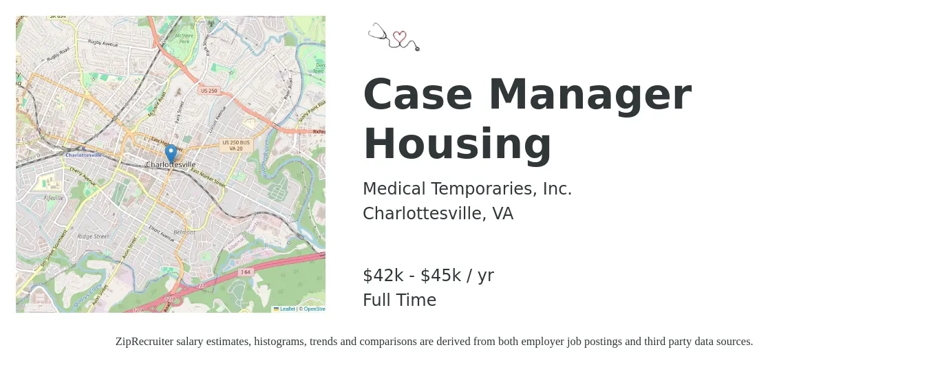 Medical Temporaries, Inc. job posting for a Case Manager Housing in Charlottesville, VA with a salary of $42,000 to $45,000 Yearly with a map of Charlottesville location.