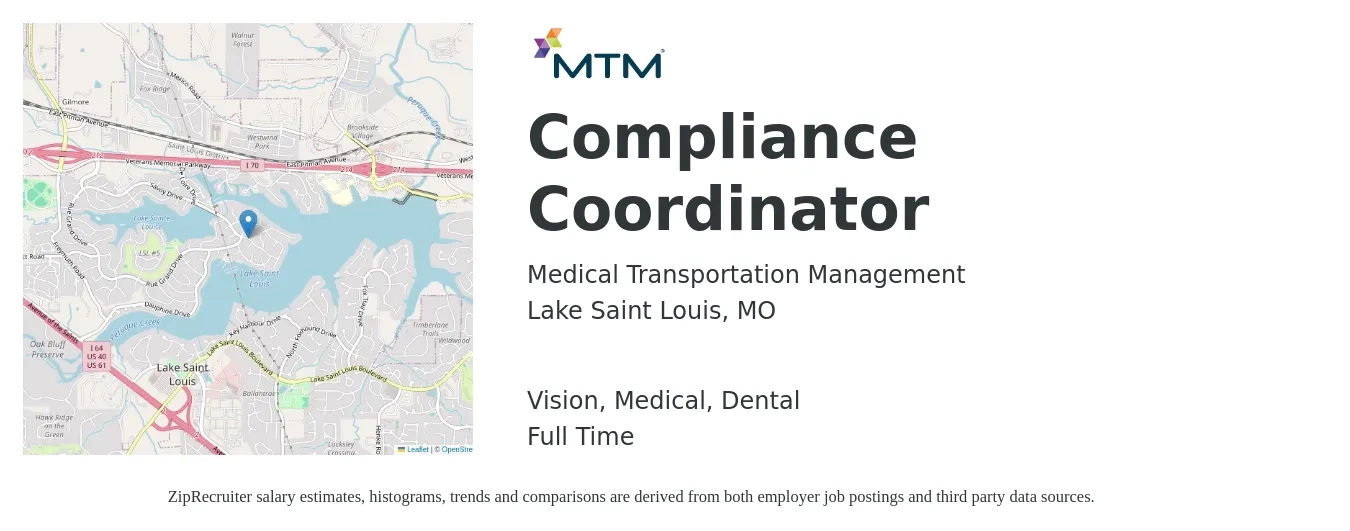 Medical Transportation Management job posting for a Compliance Coordinator in Lake Saint Louis, MO with a salary of $43,600 to $62,100 Yearly and benefits including retirement, vision, dental, life_insurance, and medical with a map of Lake Saint Louis location.