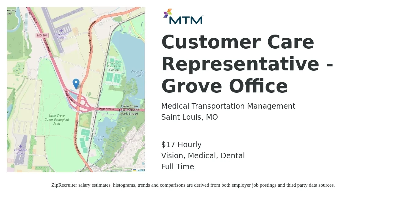 Medical Transportation Management job posting for a Customer Care Representative - Grove Office in Saint Louis, MO with a salary of $18 Hourly and benefits including dental, life_insurance, medical, retirement, and vision with a map of Saint Louis location.