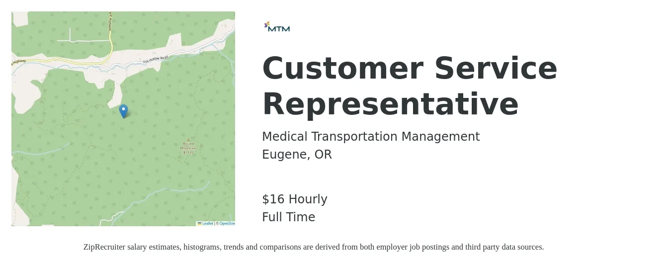 Medical Transportation Management job posting for a Customer Service Representative in Eugene, OR with a salary of $17 Hourly with a map of Eugene location.