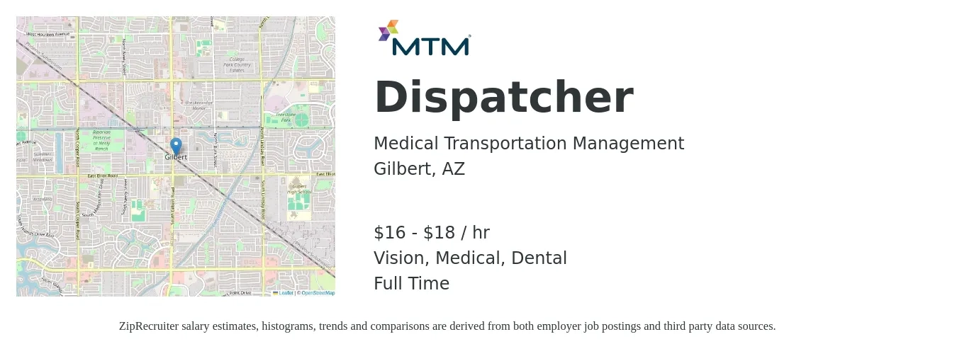 Medical Transportation Management job posting for a Dispatcher in Gilbert, AZ with a salary of $18 to $20 Hourly and benefits including medical, retirement, vision, dental, and life_insurance with a map of Gilbert location.