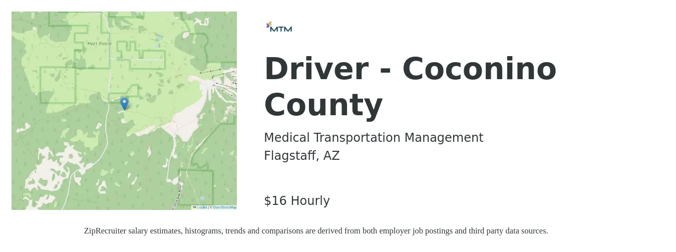 Medical Transportation Management job posting for a Driver - Coconino County in Flagstaff, AZ with a salary of $17 Hourly and benefits including retirement, vision, dental, life_insurance, and medical with a map of Flagstaff location.