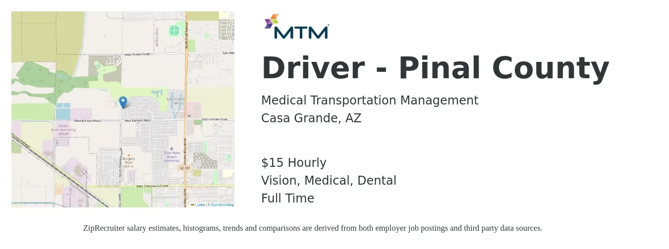 Medical Transportation Management job posting for a Driver - Pinal County in Casa Grande, AZ with a salary of $16 Hourly and benefits including retirement, vision, dental, life_insurance, and medical with a map of Casa Grande location.