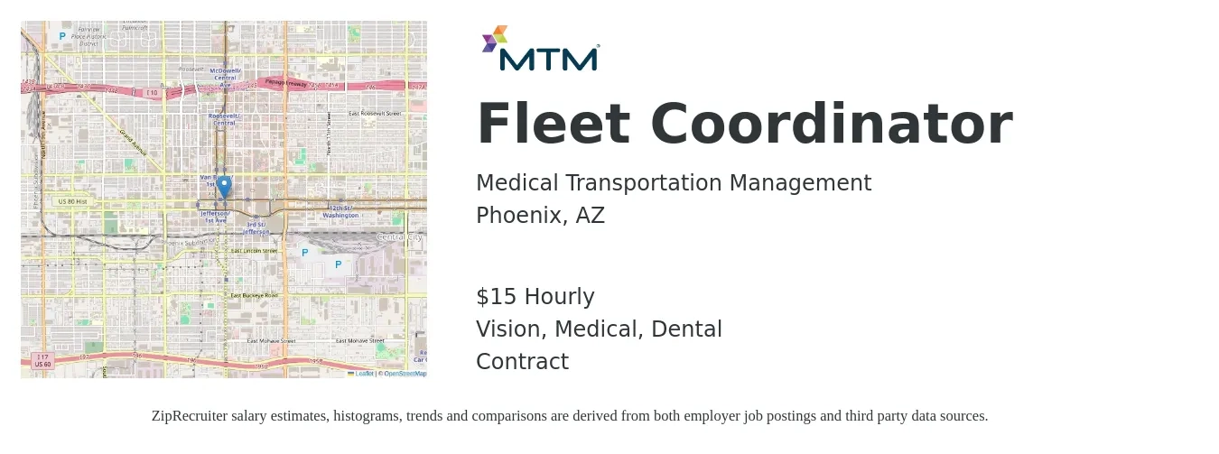 Medical Transportation Management job posting for a Fleet Coordinator in Phoenix, AZ with a salary of $16 Hourly and benefits including vision, dental, and medical with a map of Phoenix location.