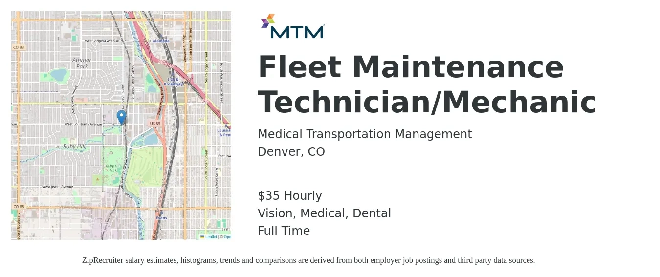 Medical Transportation Management job posting for a Fleet Maintenance Technician/Mechanic in Denver, CO with a salary of $37 Hourly and benefits including vision, dental, life_insurance, medical, and retirement with a map of Denver location.