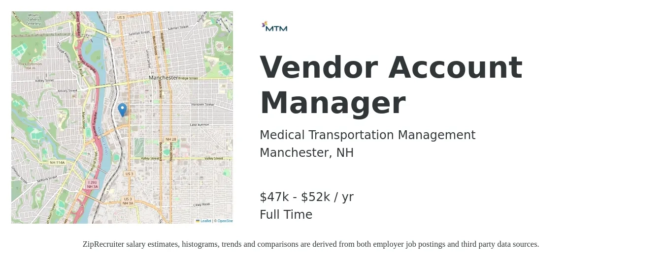 Medical Transportation Management job posting for a Vendor Account Manager in Manchester, NH with a salary of $47,476 to $52,000 Yearly and benefits including dental, life_insurance, medical, retirement, and vision with a map of Manchester location.