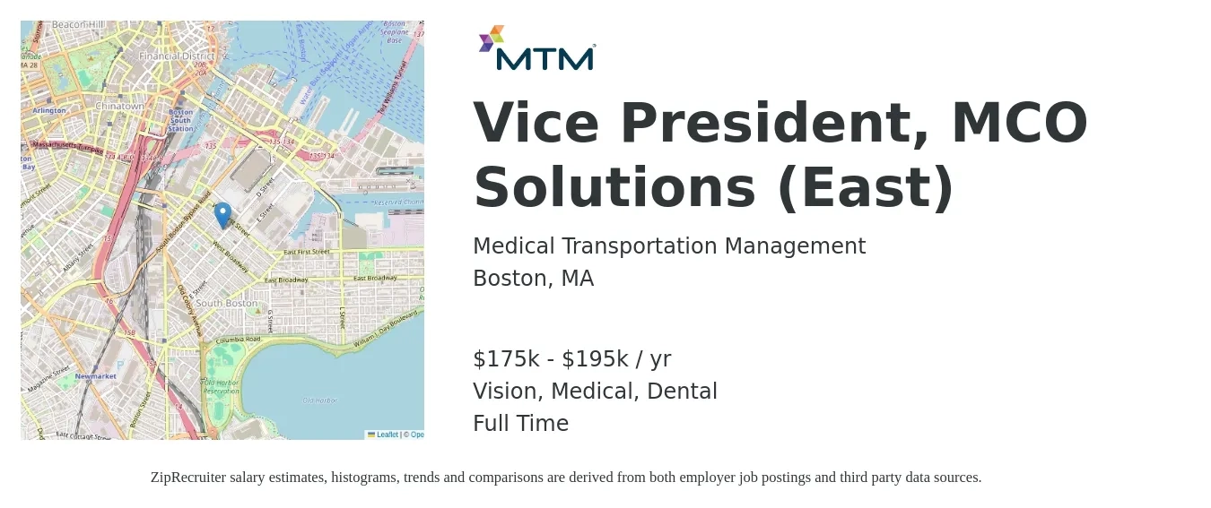 Medical Transportation Management job posting for a Vice President, MCO Solutions (East) in Boston, MA with a salary of $175,000 to $195,000 Yearly and benefits including dental, life_insurance, medical, retirement, and vision with a map of Boston location.