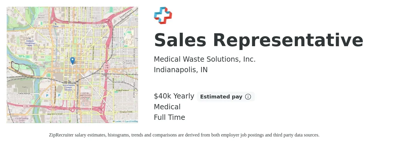 Medical Waste Solutions, Inc. job posting for a Sales Representative in Indianapolis, IN with a salary of $40,000 Yearly (plus commission) and benefits including pto, and medical with a map of Indianapolis location.