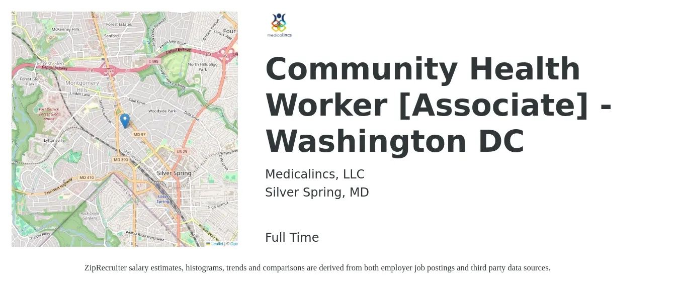 Medicalincs, LLC job posting for a Community Health Worker [Associate] - Washington DC in Silver Spring, MD with a salary of $20 to $26 Hourly with a map of Silver Spring location.