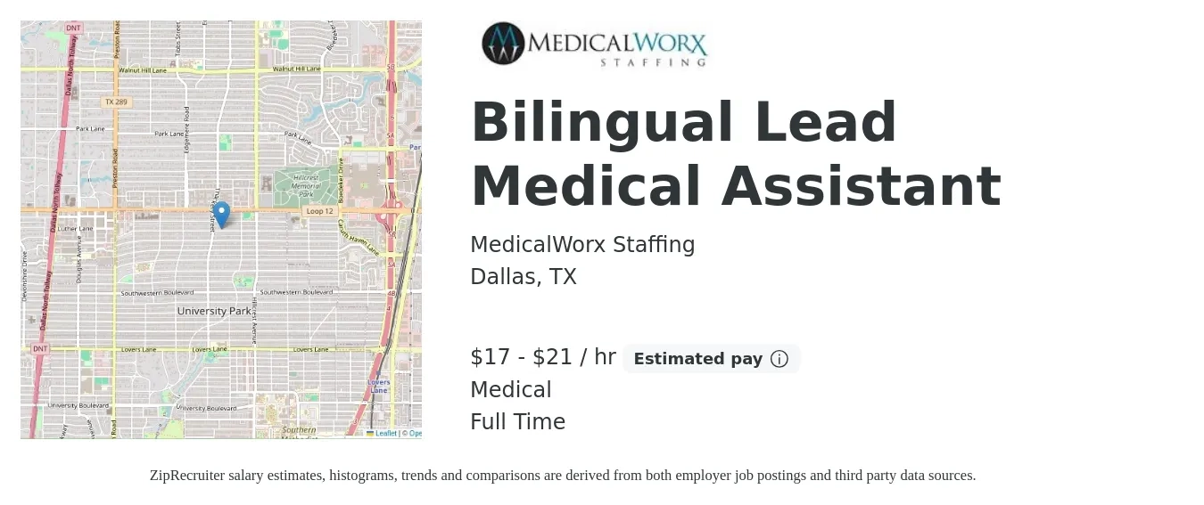 MedicalWorx Staffing job posting for a Bilingual Lead Medical Assistant in Dallas, TX with a salary of $18 to $22 Hourly and benefits including medical, and pto with a map of Dallas location.