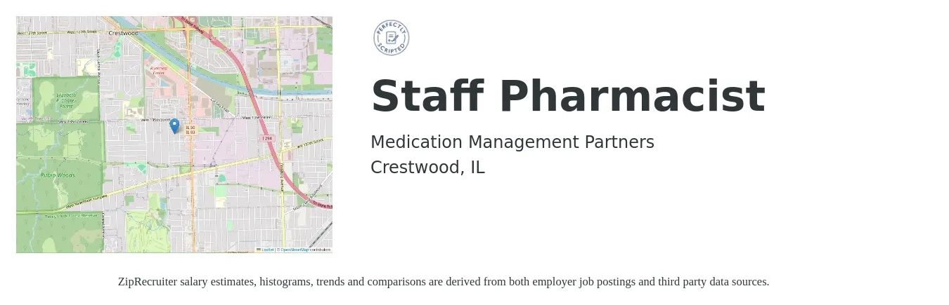 Medication Management Partners job posting for a Staff Pharmacist in Crestwood, IL with a salary of $60 to $70 Hourly with a map of Crestwood location.
