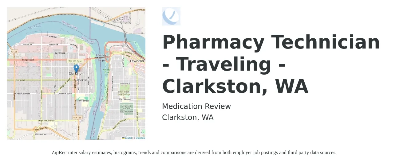 Medication Review job posting for a Pharmacy Technician - Traveling - Clarkston, WA in Clarkston, WA with a salary of $18 to $22 Hourly with a map of Clarkston location.