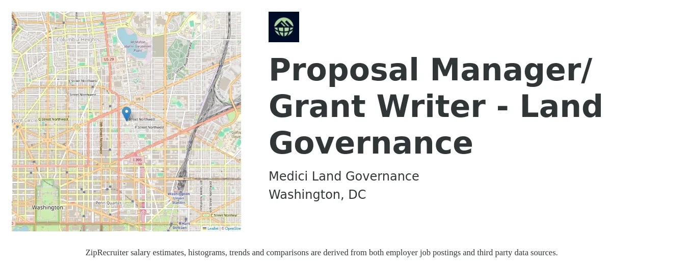 Medici Land Governance job posting for a Proposal Manager/ Grant Writer - Land Governance in Washington, DC with a salary of $89,900 to $132,200 Yearly with a map of Washington location.