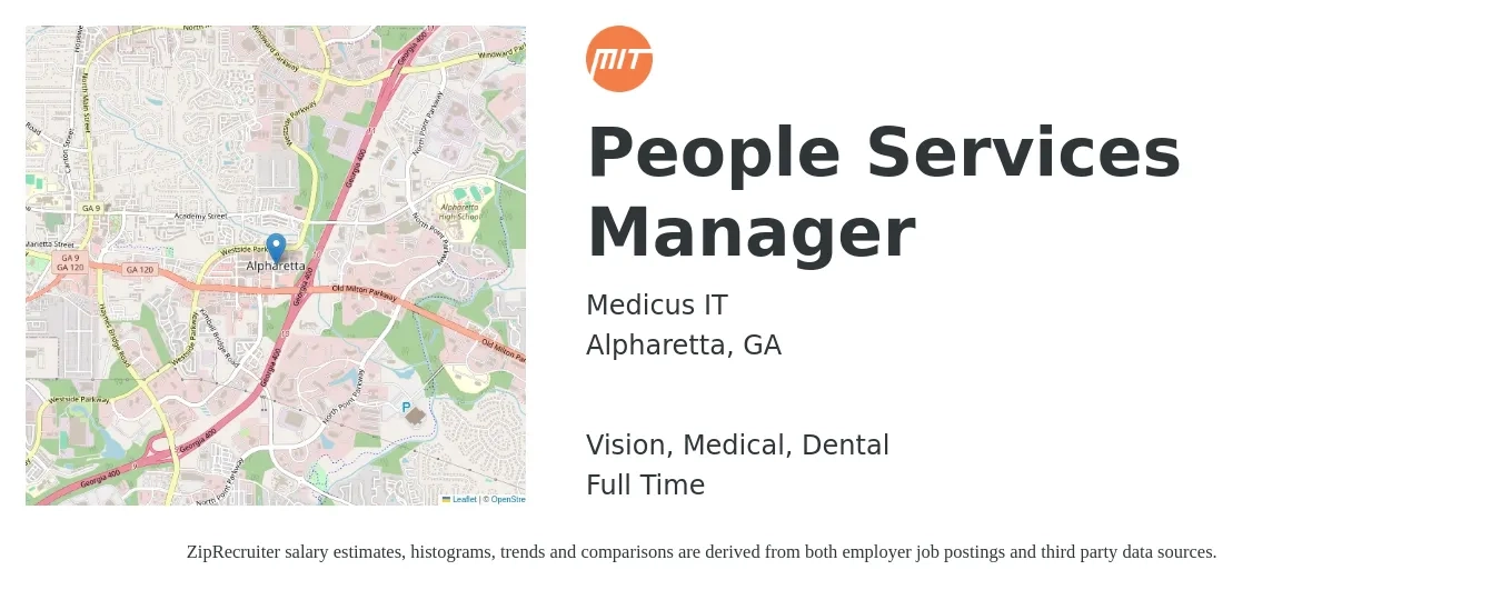Medicus IT job posting for a People Services Manager in Alpharetta, GA with a salary of $113,200 to $113,700 Yearly and benefits including pto, retirement, vision, dental, life_insurance, and medical with a map of Alpharetta location.