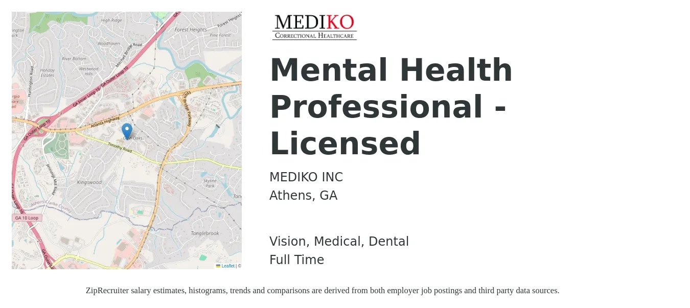 MEDIKO INC job posting for a Mental Health Professional - Licensed in Athens, GA with a salary of $59,900 to $96,600 Yearly and benefits including dental, life_insurance, medical, pto, retirement, and vision with a map of Athens location.