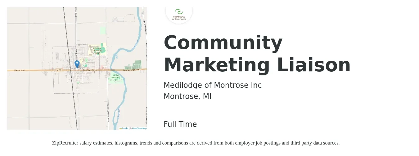 Medilodge of Montrose Inc job posting for a Community Marketing Liaison in Montrose, MI with a salary of $38,600 to $63,800 Yearly with a map of Montrose location.