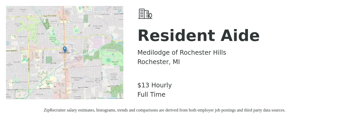 Medilodge of Rochester Hills Inc job posting for a Resident Aide in Rochester, MI with a salary of $15 to $18 Hourly with a map of Rochester location.