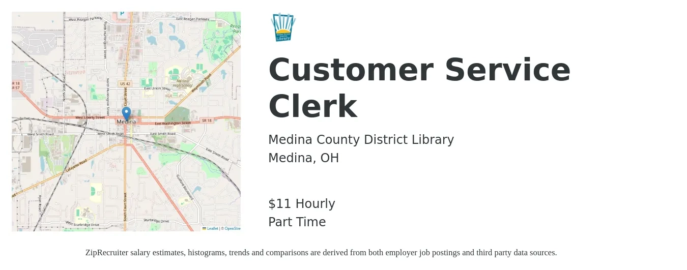 Medina County District Library job posting for a Customer Service Clerk in Medina, OH with a salary of $12 Hourly with a map of Medina location.
