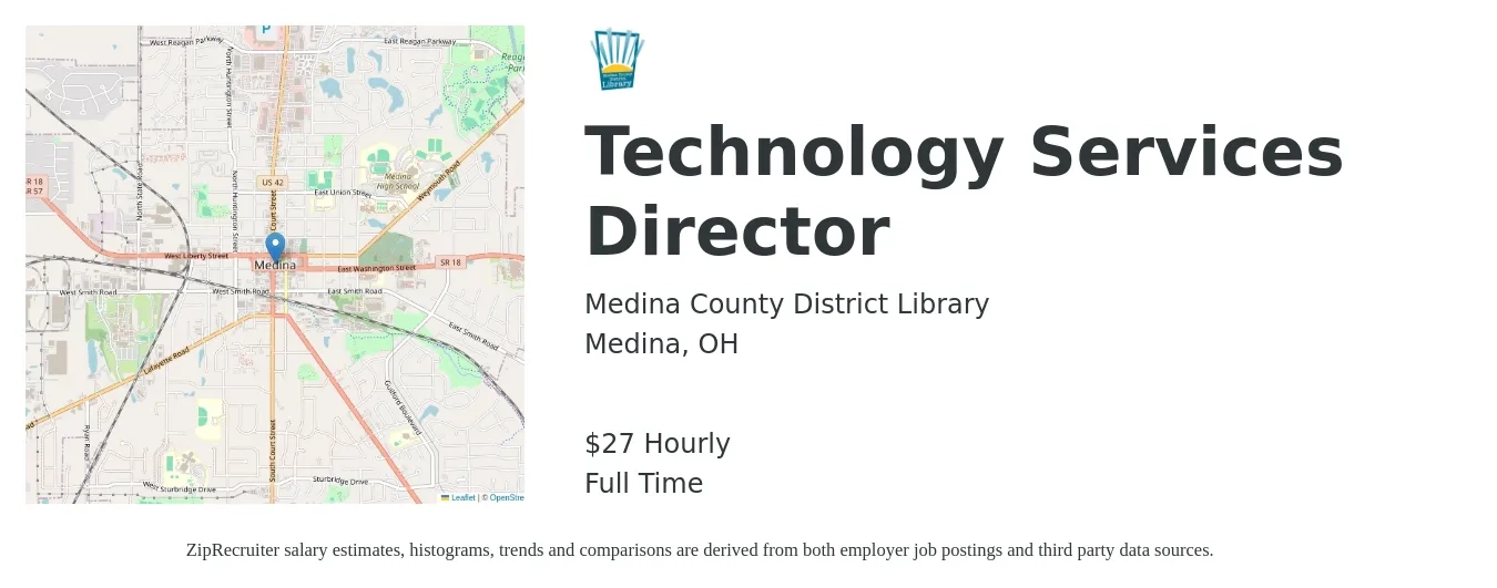 Medina County District Library job posting for a Technology Services Director in Medina, OH with a salary of $29 Hourly with a map of Medina location.