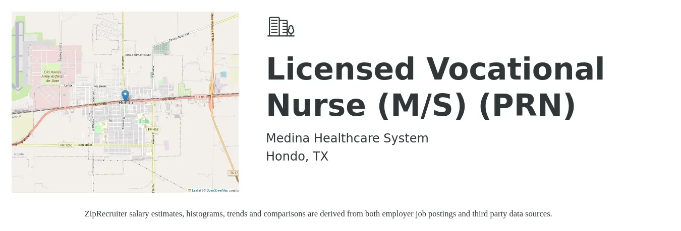 Medina Healthcare System job posting for a Licensed Vocational Nurse (M/S) (PRN) in Hondo, TX with a salary of $24 to $32 Hourly with a map of Hondo location.