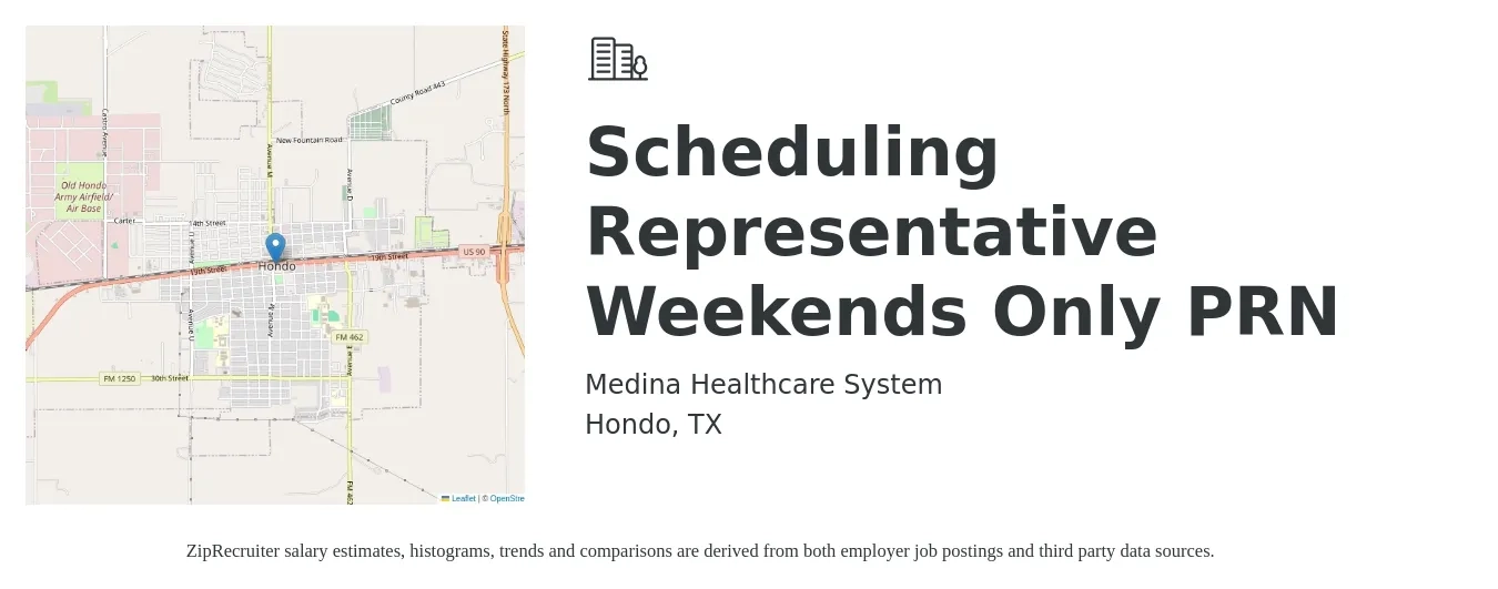 Medina Healthcare System job posting for a Scheduling Representative Weekends Only PRN in Hondo, TX with a salary of $13 to $19 Hourly with a map of Hondo location.