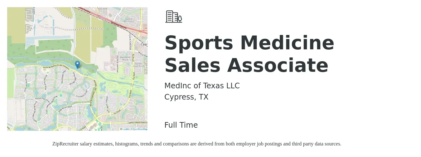 MedInc of Texas LLC job posting for a Sports Medicine Sales Associate in Cypress, TX with a salary of $12 to $16 Hourly with a map of Cypress location.