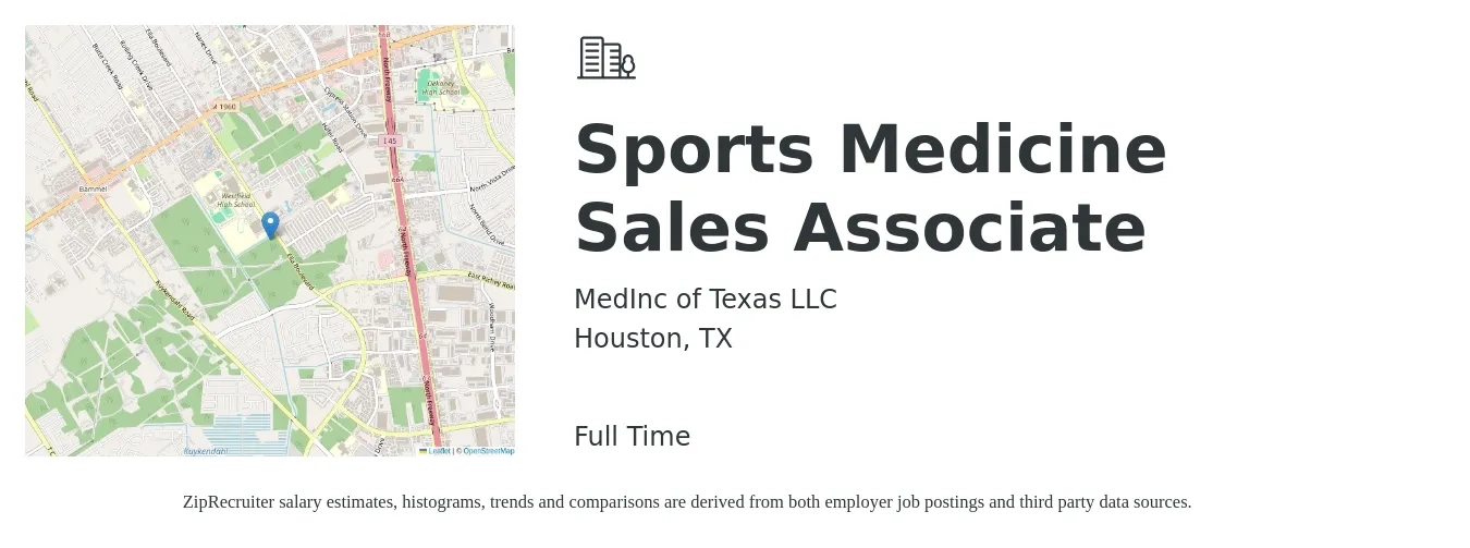 MedInc of Texas LLC job posting for a Sports Medicine Sales Associate in Houston, TX with a salary of $13 to $18 Hourly with a map of Houston location.