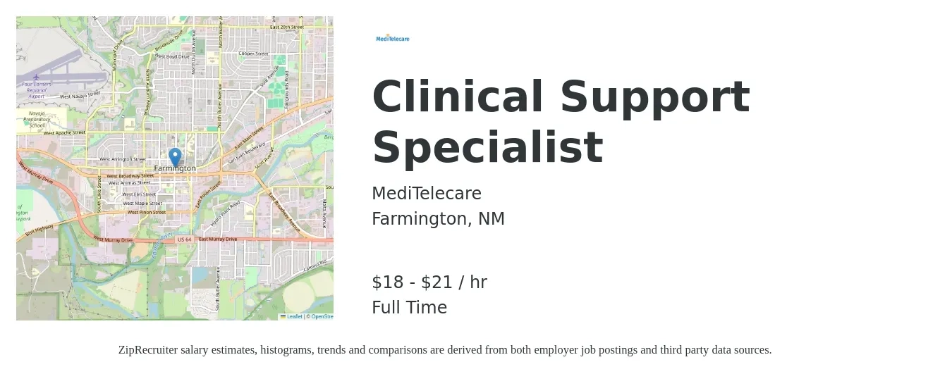 MediTelecare job posting for a Clinical Support Specialist in Farmington, NM with a salary of $19 to $22 Hourly with a map of Farmington location.