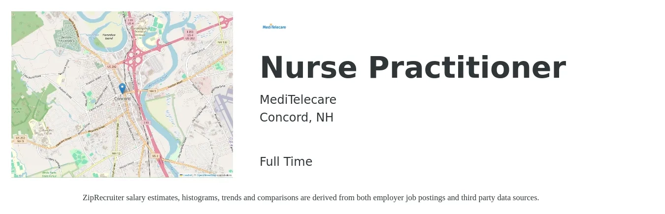 MediTelecare job posting for a Nurse Practitioner in Concord, NH with a salary of $108,700 to $151,000 Yearly with a map of Concord location.