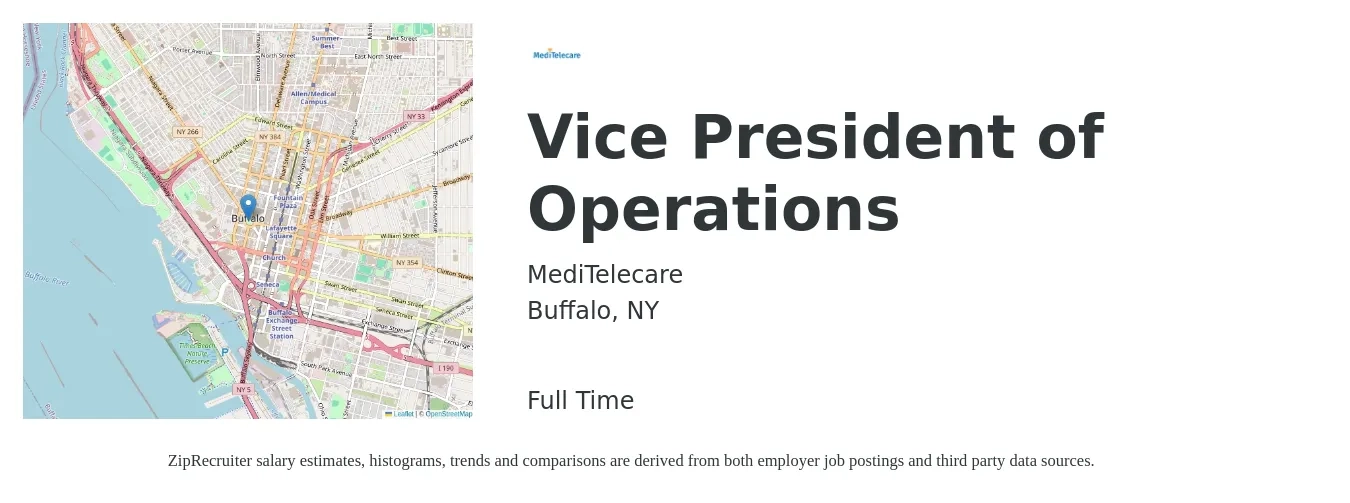 MediTelecare job posting for a Vice President of Operations in Buffalo, NY with a salary of $111,900 to $179,200 Yearly with a map of Buffalo location.