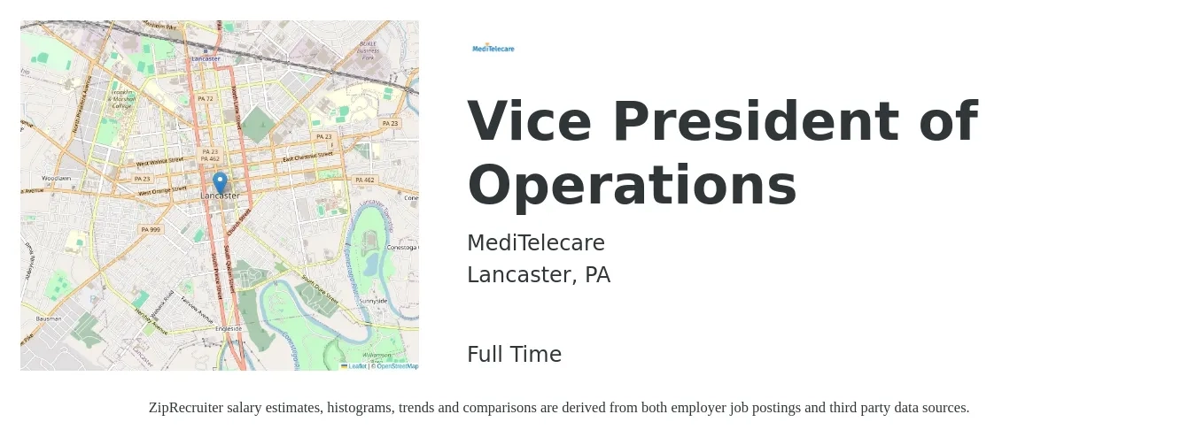 MediTelecare job posting for a Vice President of Operations in Lancaster, PA with a salary of $112,200 to $179,800 Yearly with a map of Lancaster location.