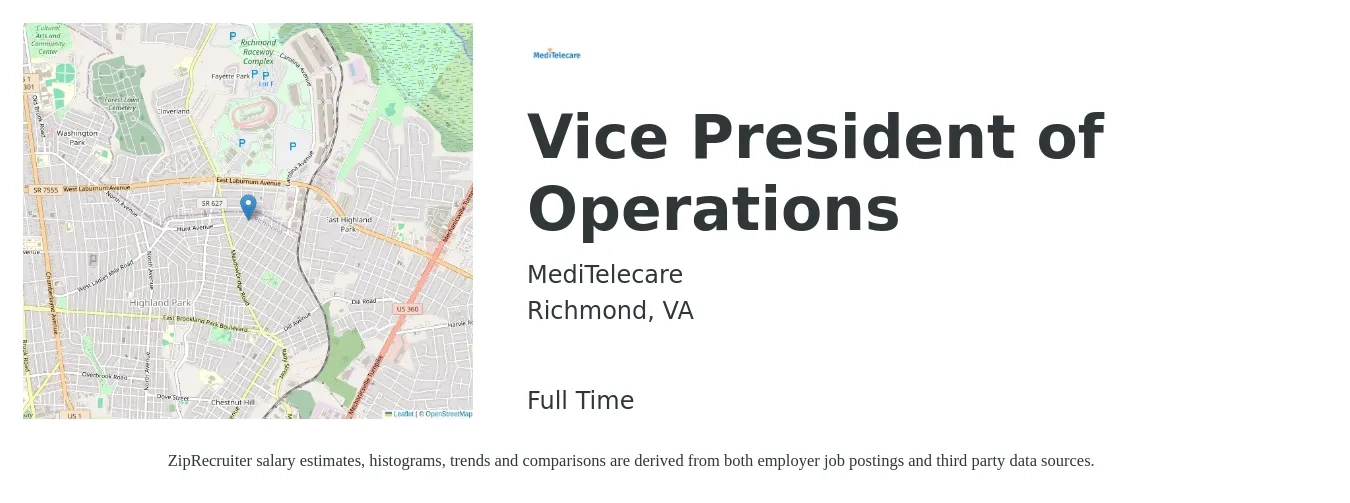 MediTelecare job posting for a Vice President of Operations in Richmond, VA with a salary of $114,300 to $183,100 Yearly with a map of Richmond location.
