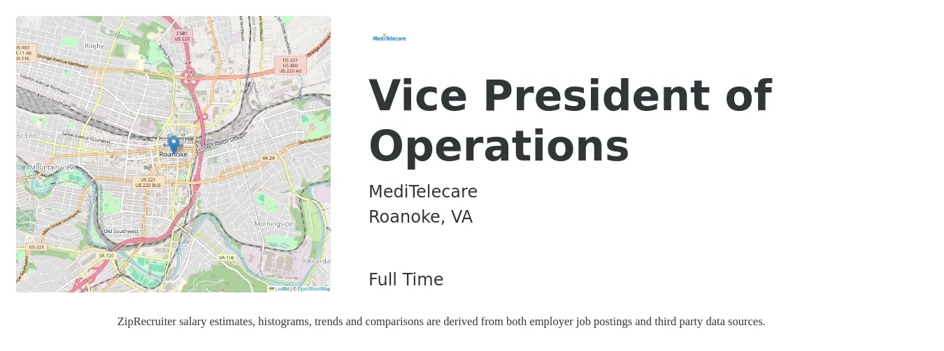 MediTelecare job posting for a Vice President of Operations in Roanoke, VA with a salary of $113,300 to $181,500 Yearly with a map of Roanoke location.