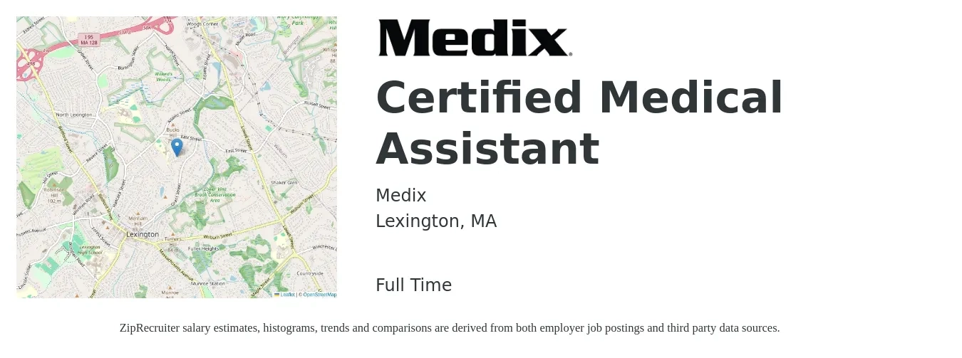 Medix job posting for a Certified Medical Assistant in Lexington, MA with a salary of $19 to $25 Hourly with a map of Lexington location.