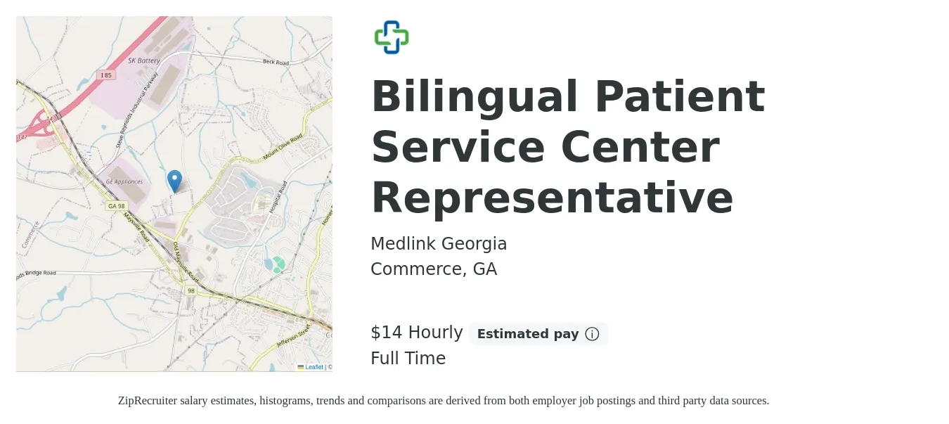 Medlink Georgia job posting for a Bilingual Patient Service Center Representative in Commerce, GA with a salary of $15 to $16 Hourly with a map of Commerce location.
