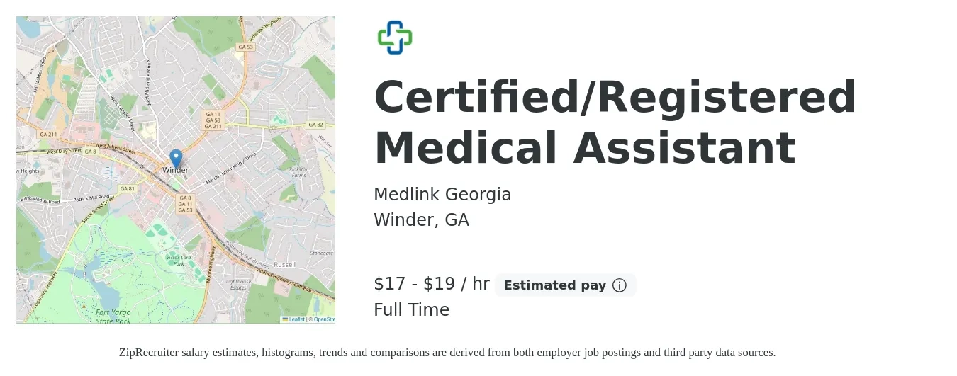 Medlink Georgia job posting for a Certified/Registered Medical Assistant in Winder, GA with a salary of $18 to $20 Hourly with a map of Winder location.