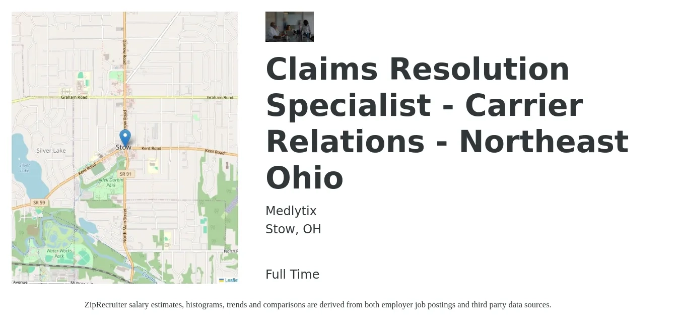 Medlytix job posting for a Claims Resolution Specialist - Carrier Relations - Northeast Ohio in Stow, OH with a salary of $17 to $24 Hourly with a map of Stow location.