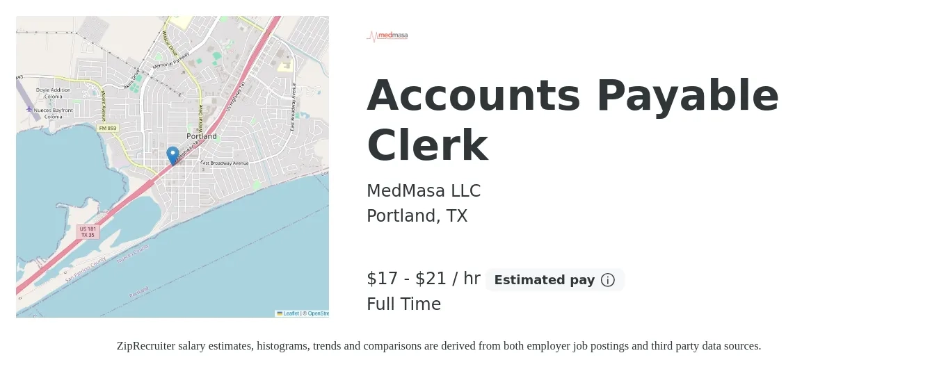 MedMasa LLC job posting for a Accounts Payable Clerk in Portland, TX with a salary of $18 to $22 Hourly with a map of Portland location.