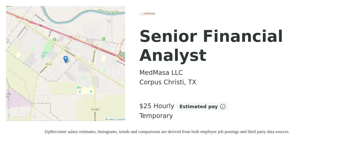 MedMasa LLC job posting for a Senior Financial Analyst in Corpus Christi, TX with a salary of $26 Hourly with a map of Corpus Christi location.