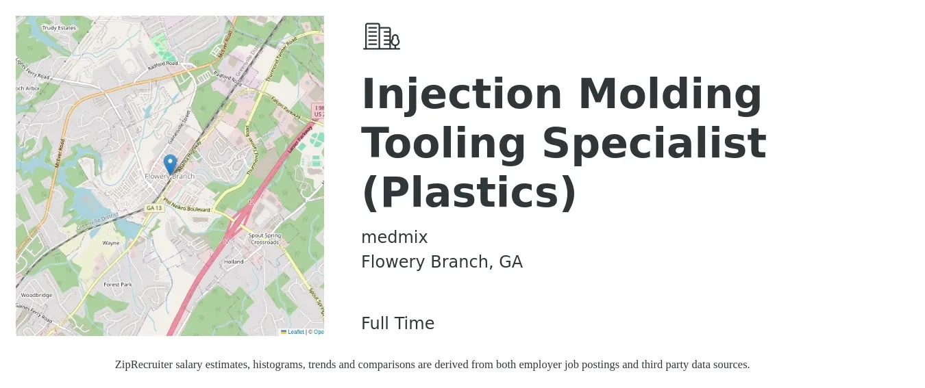 medmix job posting for a Injection Molding Tooling Specialist (Plastics) in Flowery Branch, GA with a salary of $20 to $27 Hourly with a map of Flowery Branch location.